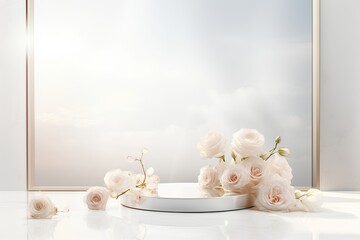 3d render of minimal product display podium with with roses in the sunlight shadow and sky background. Generative AI illustration.
