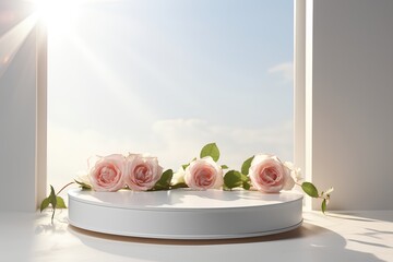 3d render of minimal product display podium with with roses in the sunlight shadow and sky background. Generative AI illustration.
