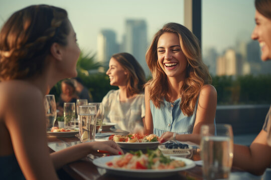 Smiling friends dining on rooftop restaurant in Dubai while on vacation. Generative AI