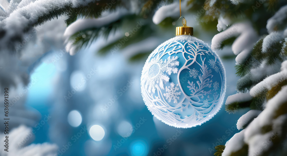 Poster A beautiful Christmas ball on a spruce branch with an intricate handmade pattern. AI generated.