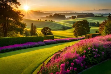 Obraz premium Beautiful manicured lawn and flowerbed with deciduous shrubs on private plot and track to house against bright warm sunset