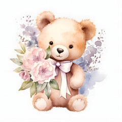 teddy bear holding a bouquet of flowers in type h, generative ai
