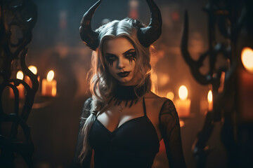 woman with devils horns and demonic eyes 