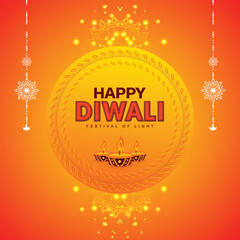 Happy Diwali red and orange background with oil lamp and light and mandala decoration social media wishing or greeting post or banner design vector file