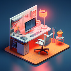 3d Isometric layout of a school desk, chair and desk with computer