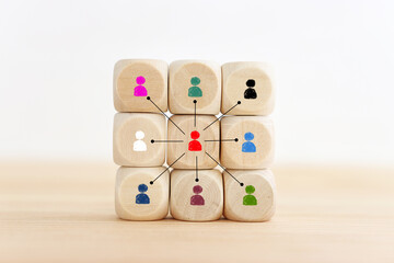 image of wooden cubes with people figures, human resources, leadership and management concept