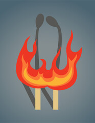 Two burning matches. Flat vector illustration on a gradient background. Cartoon wooden match on fire.