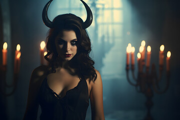 woman with devils horns and demonic eyes  - obrazy, fototapety, plakaty