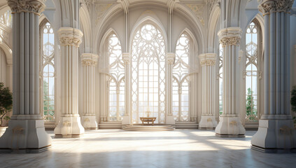 Sunlit White Palace Marble Luxury Interior Chamber with a View