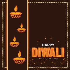 Happy Diwali chocolate background with oil lamp and light decoration social media wishing or greeting post or banner vector file
