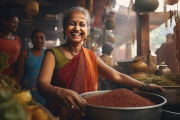 Indian woman selling spices at local market.