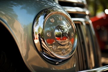 A vintage pickup truck reflects in the center cap of an antique truck chrome hubcap