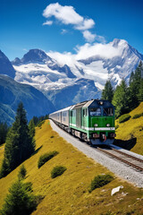 Obraz premium Old freight train running through a mountain valley