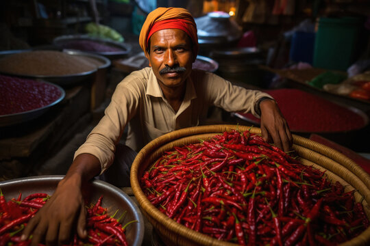 Indian man selling red chilly in local vegetable market.