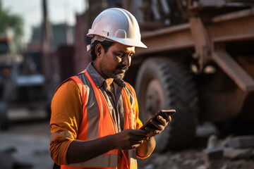 Indian engineer using smartphone at workplace
