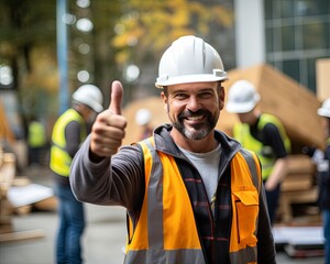 A happy Engineer or Architect or Construction worker with white safety helmet in construction site giving a thumbs up.