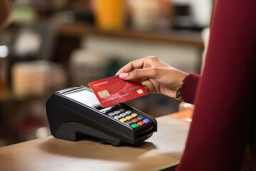 Close view of woman hand with card for payment. digital payment concept