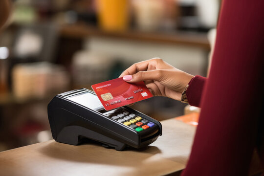 Close view of woman hand with card for payment. digital payment concept