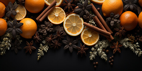 Merry Christmas, festive celebration festive background. Ornaments (orange slices, cinnamon sticks, star anise, branches, cones) on a black table background, top view