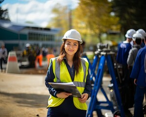 Female Engineer or Architect or Construction worker with white safety helmet in construction site with customizable space for text.