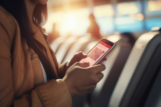 Female showing journey tickets in smartphone
