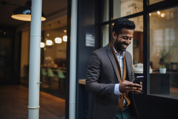 Naklejka premium Indian businessman using smartphone at restaurant