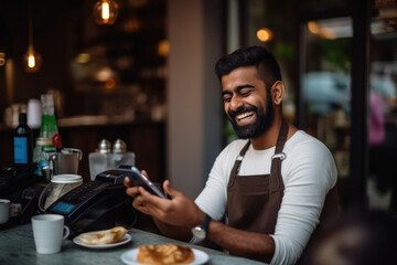 indian waiter or cook using smartphone