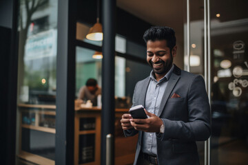 Indian businessman using smartphone at restaurant