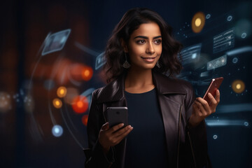 Indian woman using smartphone. online shopping and digital payment concept.