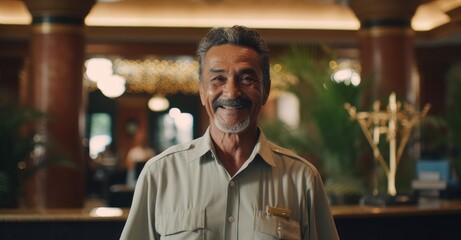 Hotel owner oversees grand lobby for guests. - obrazy, fototapety, plakaty