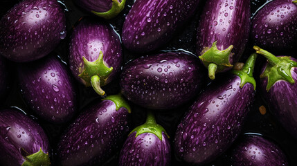 Heap of fresh eggplants with water drops background. Vegetables backdrop. Generative AI