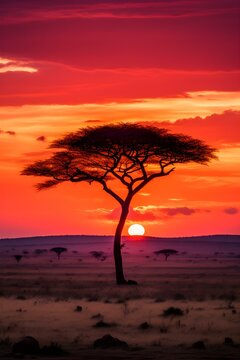 Sunset View of a Tree in front of an African Landscape
