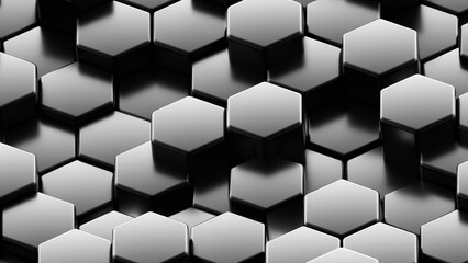 Abstract 3D geometric background, blak hexagons shapes, 3D honeycomb pattern.