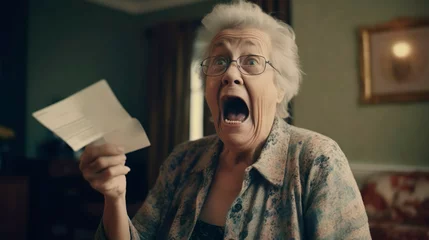 Fotobehang An elderly mature woman senior screams and gets angry because of the increase in utility bills for light. Negative emotion facial expression. Financial crisis bad news. © Irina