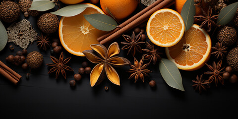 Merry Christmas, festive celebration festive background. Ornaments (orange slices, cinnamon sticks, star anise, branches, cones) on a black table background, top view