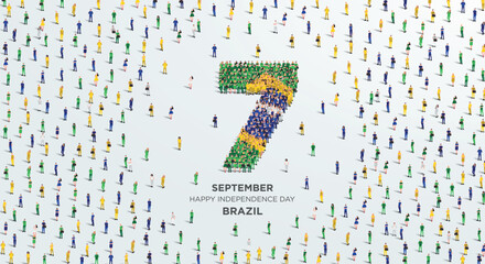 Happy Independence Day Brazil. A large group of people form to create the number 7 as Brazil celebrates its Independence Day on the 7th of September. Vector illustration.