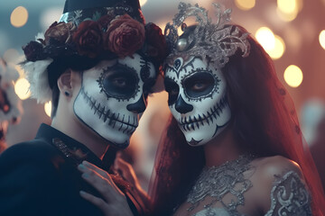 Couples dressed in spooky costumes for a Halloween party