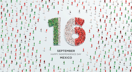 Happy Independence Day Mexico. A large group of people form to create the number 16 as Mexico celebrates its Independence Day on the 16th of September. Vector illustration.