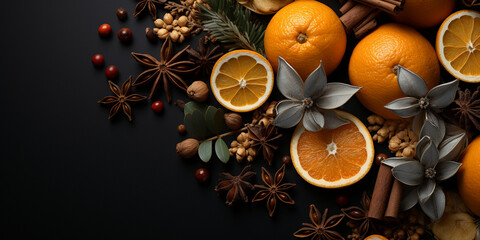 Merry Christmas, festive celebration festive background. Ornaments (orange slices, cinnamon sticks, star anise, branches, cones) on a black table background, top view