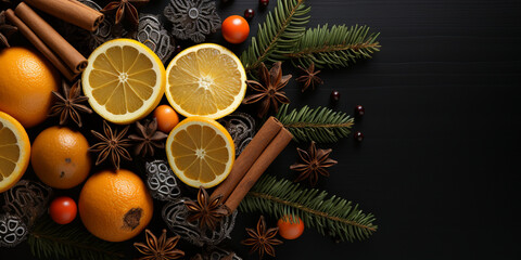 Obraz na płótnie Canvas Merry Christmas, festive celebration festive background. Ornaments (orange slices, cinnamon sticks, star anise, branches, cones) on a black table background, top view