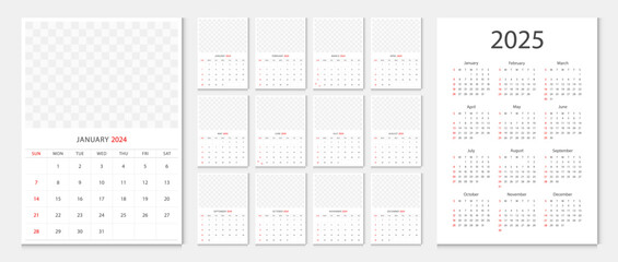 Calendar 2024, calendar 2025 week start Sunday corporate design template vector. Wall calendar 2024.  - 636596543