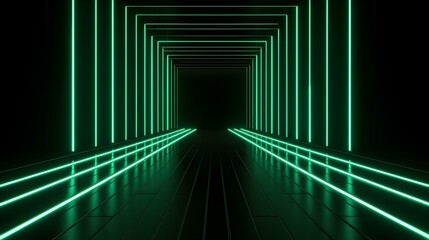 3D Render of a Room with Glowing Dark Green Neon Lines. Abstract Background