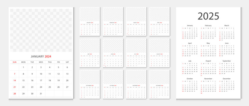 Calendar 2024, calendar 2025 week start Sunday corporate design template vector. Wall calendar 2024. 