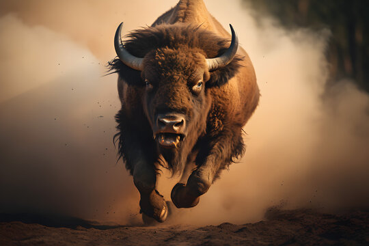 Bison running through a dust storm. Bison in the wild.