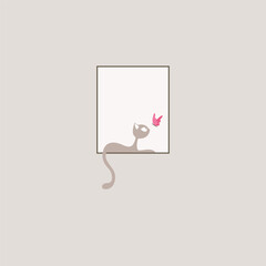 Cute cat and butterfly sitting in a window, minimal wallpaper, vector background