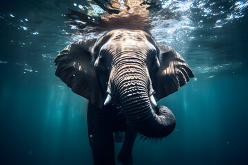 Elephant in the deep blue ocean.Conceptual image.