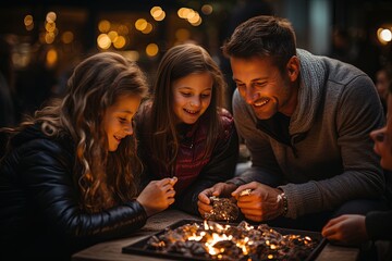 Amidst the winter chill, a smiling family gathers by the fireplace, savoring the simple pleasures of warmth and each other's company