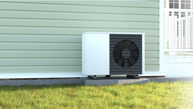 Installing a heatpump concept: Animated transition from an engineering drawing to a realistic scene of a heatpump with rotating fan mounted to a concrete base  on the outside of a house.