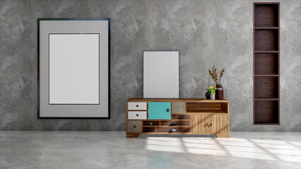 Living room interior design 3d render, bright wall mockup, wall painting template, 3d illustration.