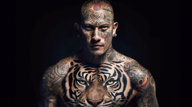 Man tattooed and  intimidating look in black background. Bad boy with tattooed face and big tattoos looking badass. Generative Ai
